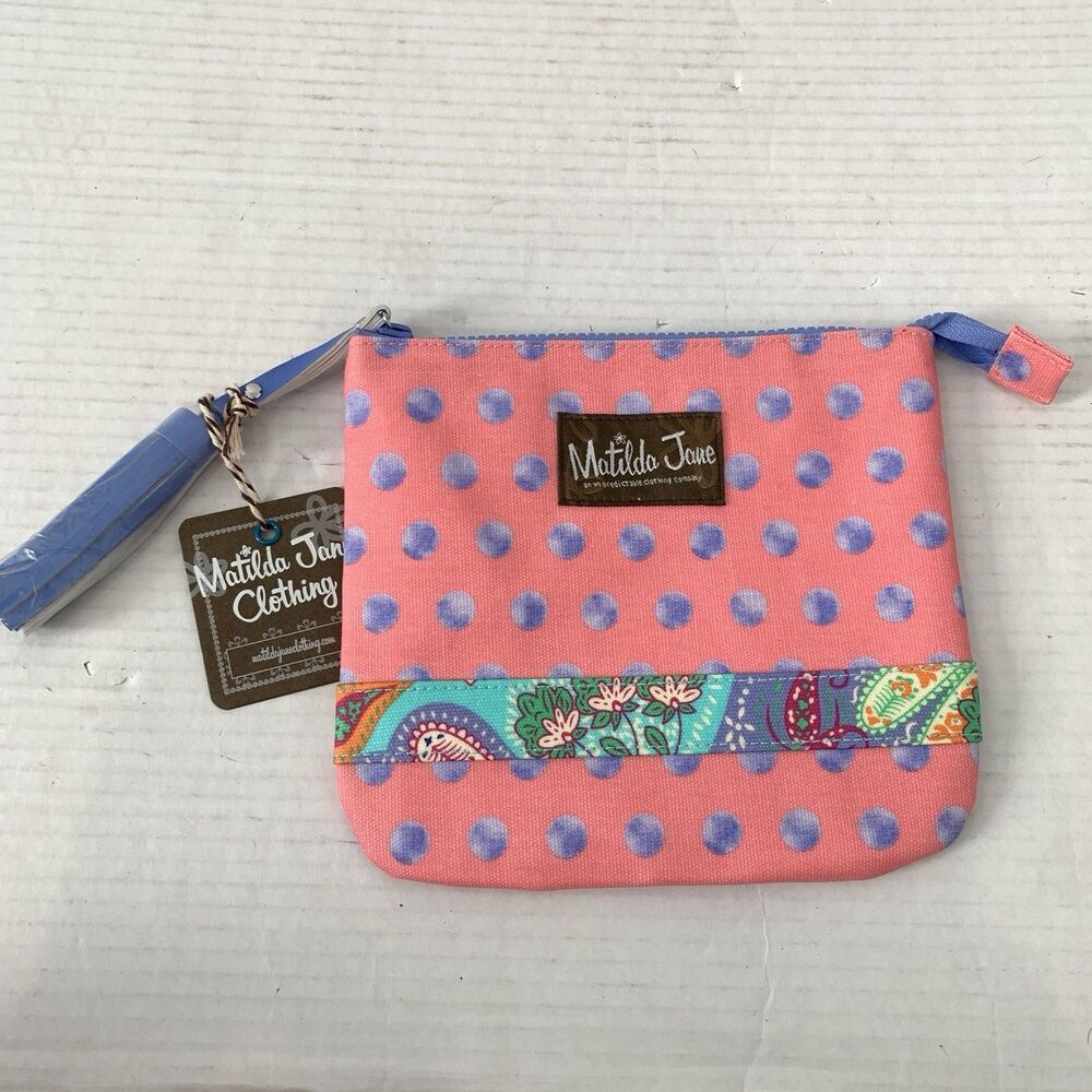 Matilda Jane Travel Cosmetic Bag Pouch Water Resistant Pink Dot Tassel Zips New